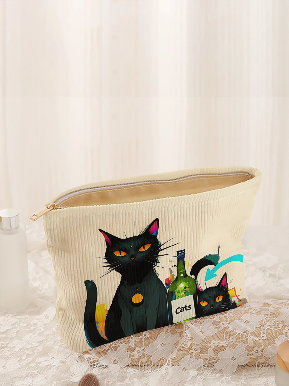 1 cat patterned corduroy makeup bag, lightweight zipper makeup storage box, multifunctional bag with lining