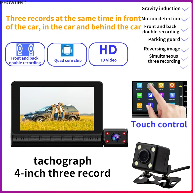 

4 Inch Dash Cam Three Lens HD Touch Night Vision 1080p on-board Recorder Reversing Image Tachograph Simultaneous Three Recording