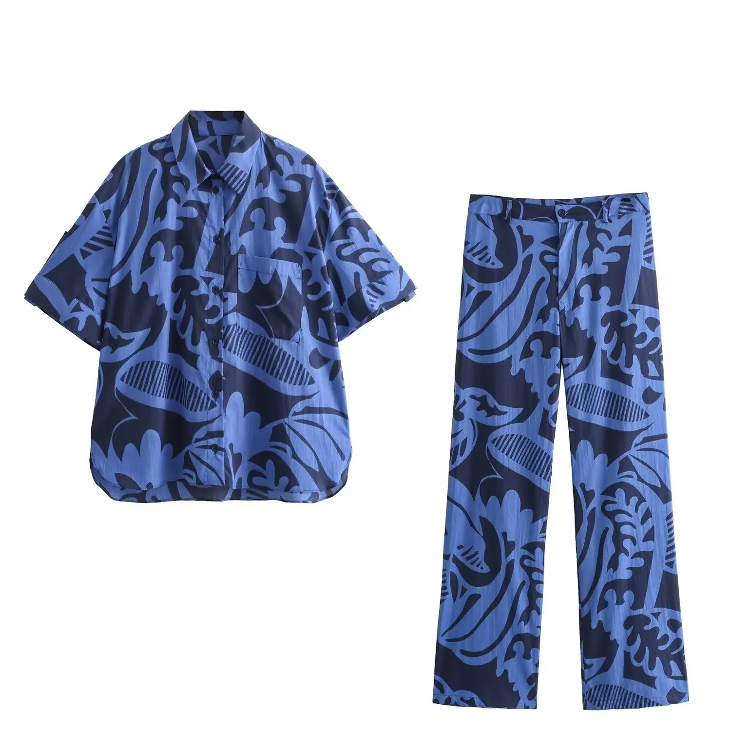 HH TRAF Conjunto de 2 piezas para mujer, camisa informal con estampado de un solo pecho y cuello vuelto de manga corta + pantalones con bolsillos y cremallera de cintura alta
