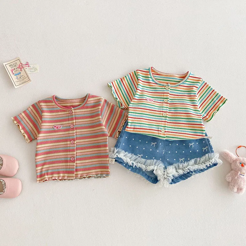 Girls Colorful Striped Short Sleeved Knitted Sweater