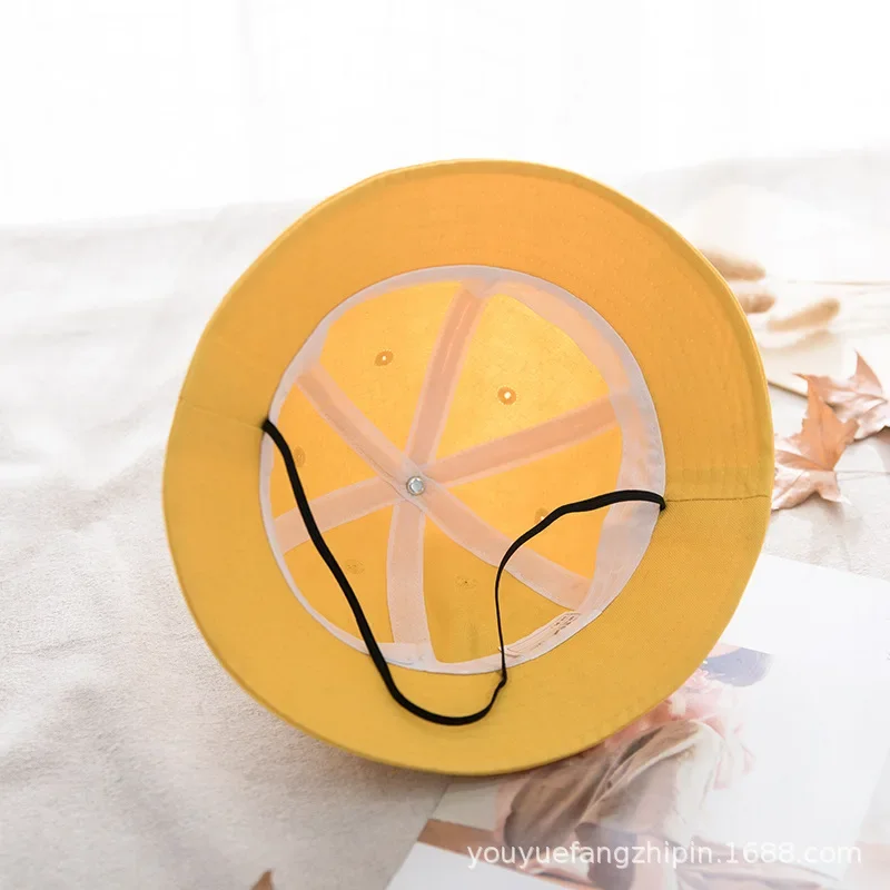 Korean Fashion Yellow Bucket Hats Boys Girls Outdoor Sun Hats Children Caps with Windproof Rope Kids Accessories 1-7years Old