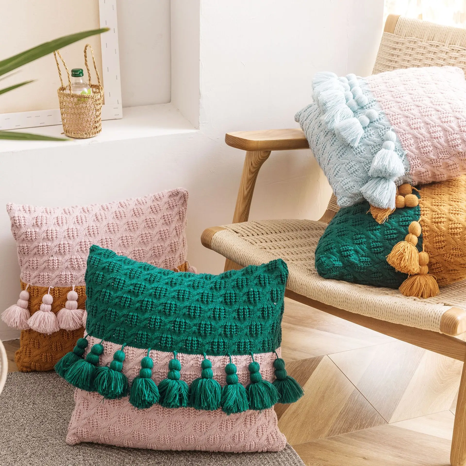 

O-Heart Knit Cushion Cover Patchwork Pillow Case 45x45 Sofa Decor Tassels Pillow Cover Ins Pillowcase for Living Room Home Decor