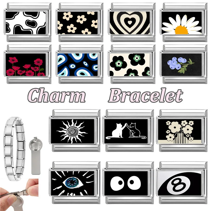 1 Stück 304 Edelstahl exquisite italienische Charm-Links für DIY-Armband-Schmuckherstellung, versilbertes Rechteck, 10 mm x 9 mm – Detail 3