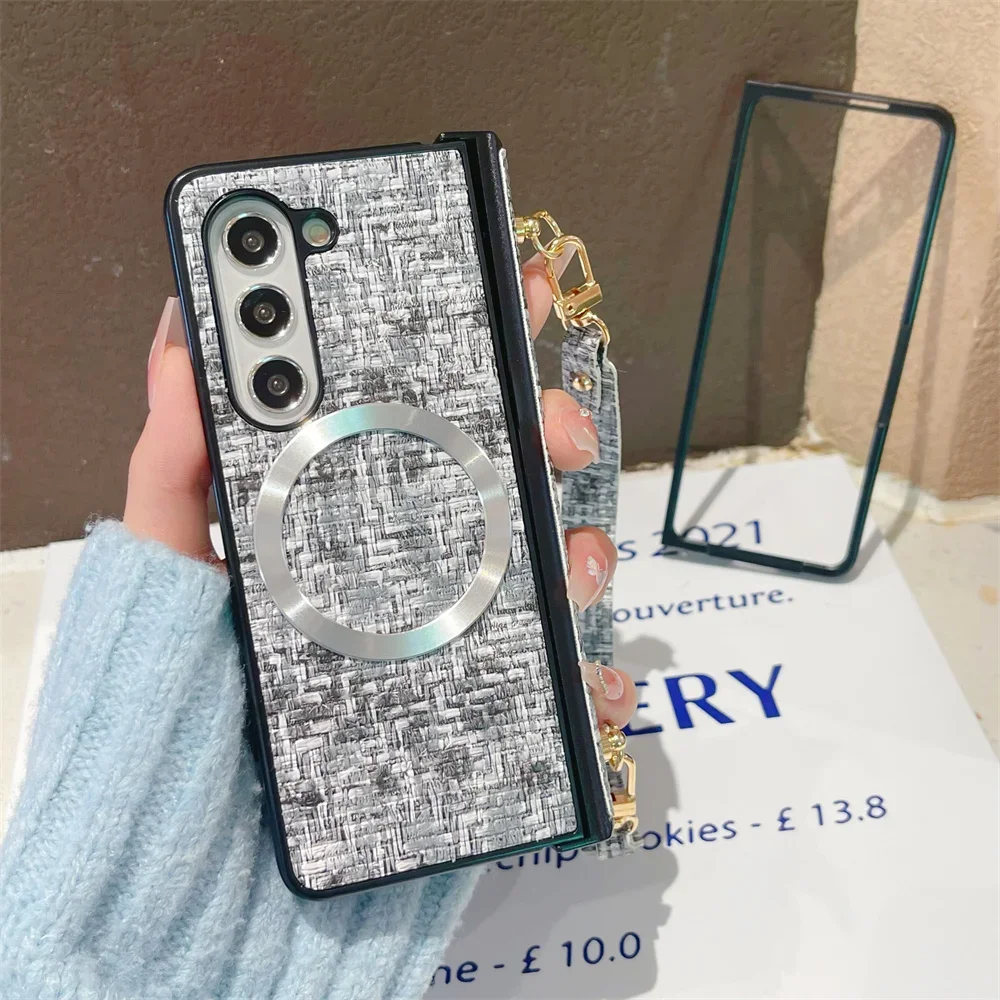 Magnetic Weave Leather Shockproof Wrist Strap Phone Case with Hinge Protection