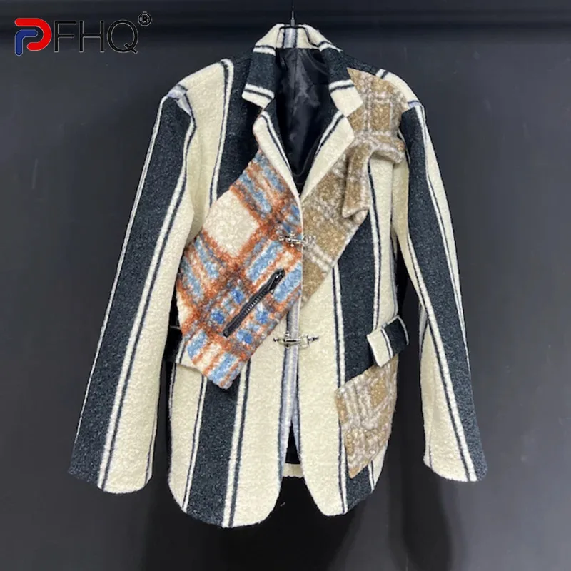 

PFHQ Striped Thick Terry Blazers Design Men's Avant-garde Patchwork Plaid Niche Design Abstraction Autumn Suit Jackets 21Z2868