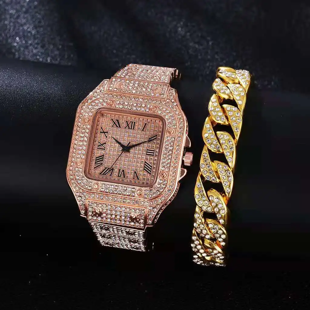 2PCS Luxury Watch for Women Gold Cuban Chains Bracelets Iced Out Watch Bing Hip Hop Mens Watch Set Jewelry Diamond Watch Women