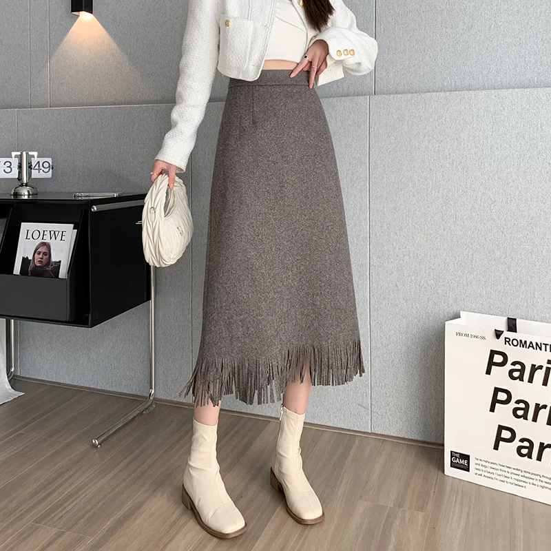 

Woolen Long Midi Skirt Women 2023 Winter Warm Korean Fashion Tassel Elegant High Waist Pencil Skirt Female
