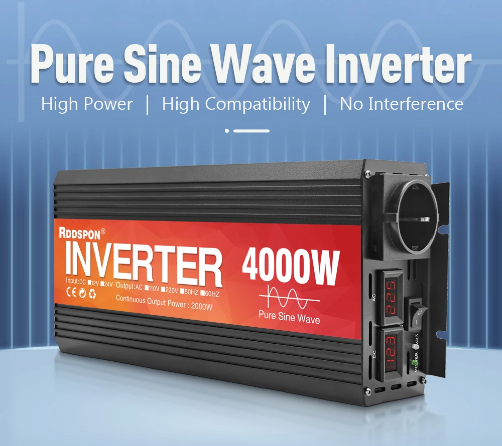Inverter a onda sinusoidale pura DC 12V / 24V a Ac 110V / 220V 1600w 2000w  3000w Convertitore portatile Power Bank Inverter solare