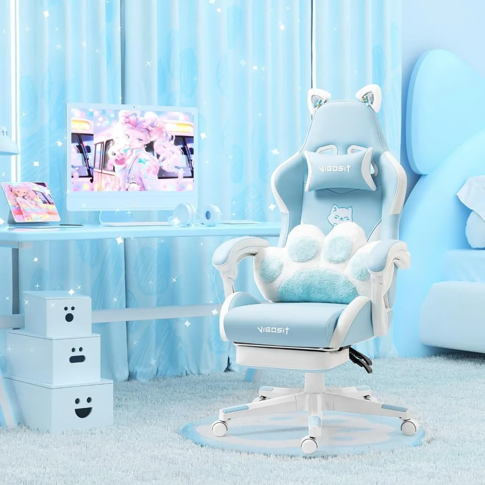 A pastel-themed gaming setup with a Cute Cat Gaming Chair in white and blue, matching accessories, and animated content on the screens.