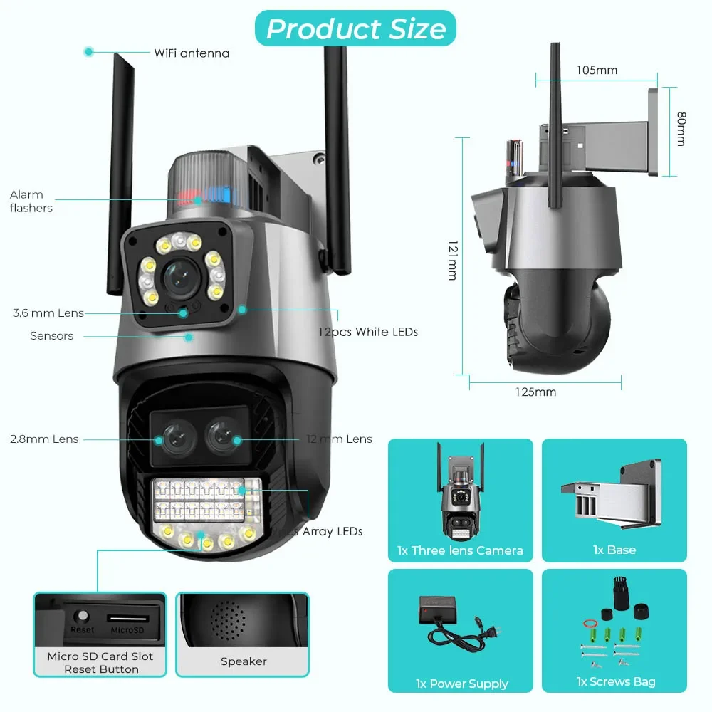 9MP 5K HD WiFi IP Camera Outdoor 8X Digital Zoom Three Lens Dual Screen PTZ Camera Auto Tracking Home Security CCTV Surveillance images - 6