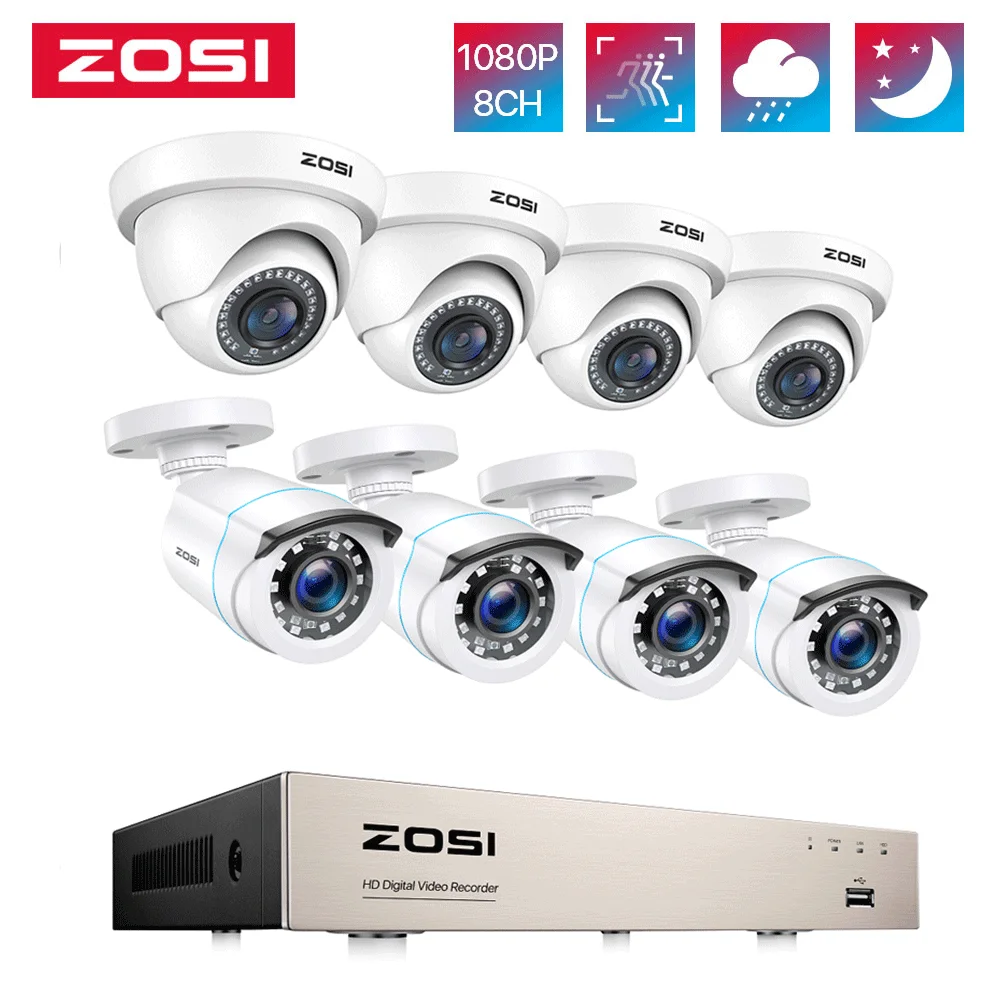 Zosi 8ch 1080P Beveiligings Camera 'S Systeem 8 Kanaals HD-TVI Dvr Recorder 8Pcs 2mp Hd Buitenshuis Bedrade Bewaking Cctv Camera 'S Kit