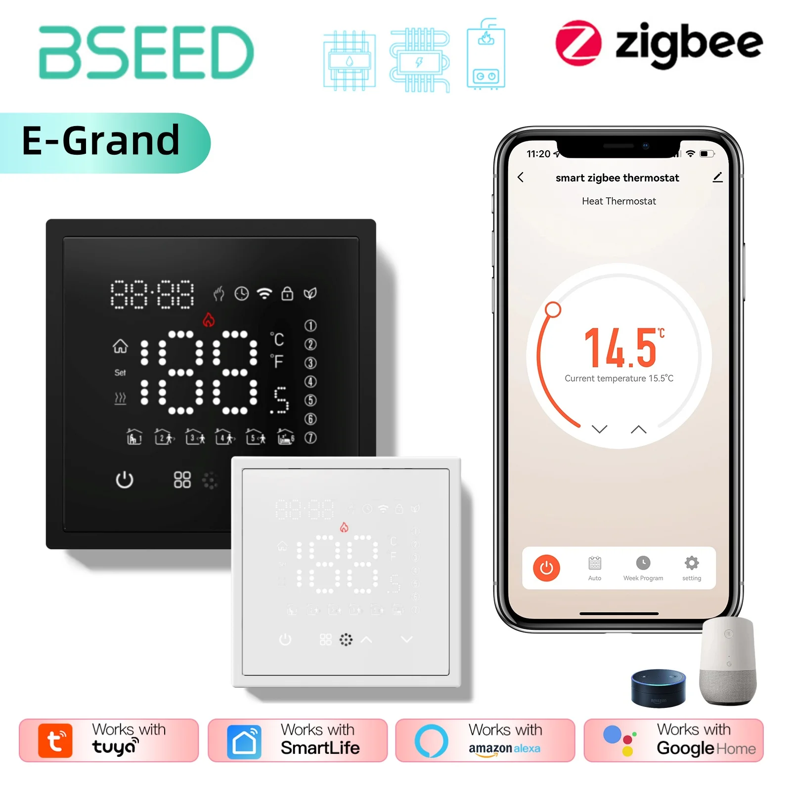 Bseed Zigbee Thermostat น้ําไฟฟ้าเครื่องทําความร้อนใต้พื้นหม้อต้มแก๊สอุณหภูมิรีโมทคอนโทรลด้วย Google Alexa E Series 1