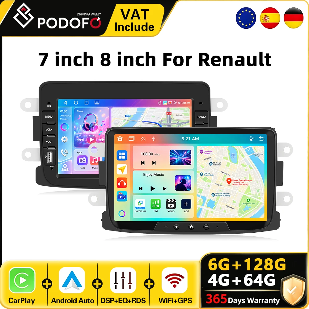 Radio con sistema Android para coche Podofo, 8 pulgadas, 6G + 128G, para Dacia Duster Sandero 2010-2015 Logan Dokker 2012, reproductor Multimedia de vídeo para coche, CarPlay/Android, sistema inteligente para coche, navegación GPS, WiFi, Autoradio 1