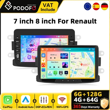 Radio con sistema Android para coche Podofo, 8 pulgadas, 6G + 128G, para Dacia Duster Sandero 2010-2015 Logan Dokker 2012, reproductor Multimedia de vídeo para coche, CarPlay/Android, sistema inteligente para coche, navegación GPS, WiFi, Autoradio 1