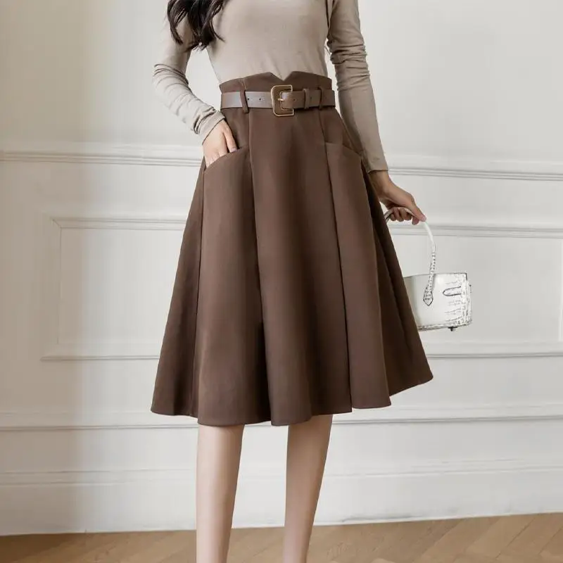 Knee Length Vintage Skirts Pleated Mid Calf Fashion Skirt Womens