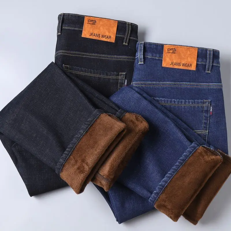 Men's Winter Fleece Warm Jeans Fashion Business Pants Vintage Classic Trousers Autumn Leisure Elastic Straight Work Jeans Men 2