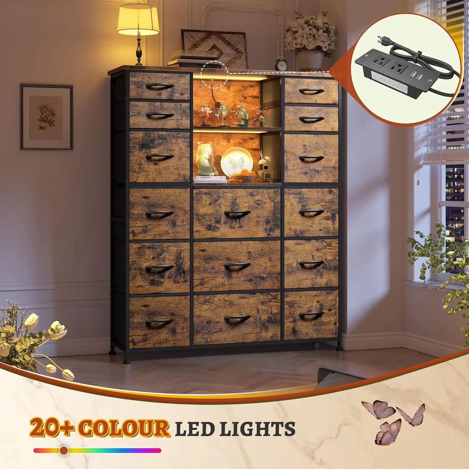 EnHomee 15 Drawer Dresser for Bedroom with Hutch 51" H Tall Dressers with Charging Station & LED Lights Sturdy Fabric Bedroom Dr 5