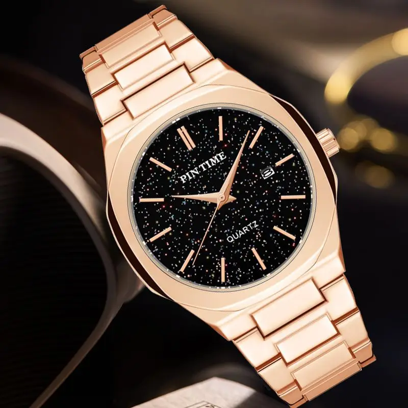 PINTIME Man Watch Stainless Steel Strap Casuals Fashion Quartz Wristwatch Waterproof 30m Starry Sky Dial Calendar Reloj Hombre