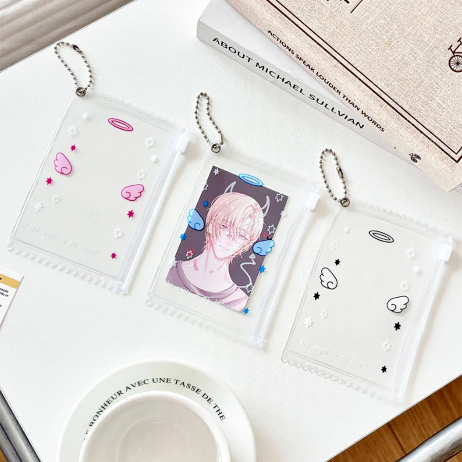 Kpop Photocard Holder with Keychain Y2K Kawaii Angel wings Photo Card Sleeves ID Badge Holder Card Protector 2