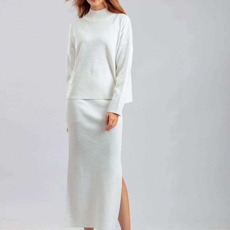 

2023 Autumn New Women's Long Sleeve Round Neck Sweater Casual Loose Fashion Split Long Dress Two Piece Set Women's Sweater