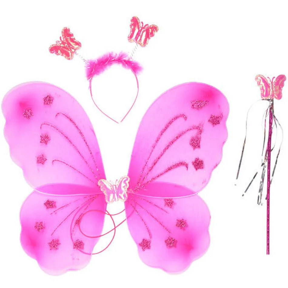 Kids Butterfly Headband Wings Wand 3 Pcs Set Girls Summer Photography Outfit Children Silk Yellow Green Purple Pink Color Props 5