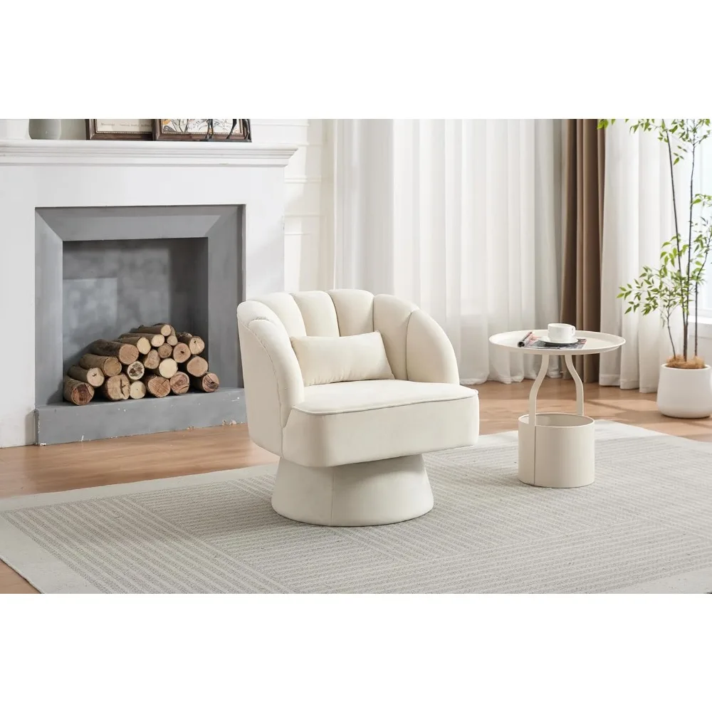 Modern Swivel Velvet Accent Chair, 360 Degree Round Lounge Armchair with Plush Padding for Living Room, Bedroom, Beige