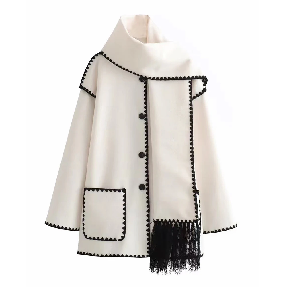 New Women's Long Sleeve Faux Cashmere Splice Coats With Scarf Thick Coat Overcoat Ladies Warm Jacket Tops Outwear