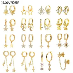 925 Sterling Silver Needle Moon/star Pendant Gold Earrings Trend Small Hoop Earrings for Women Wedding Premium Luxury Jewelry