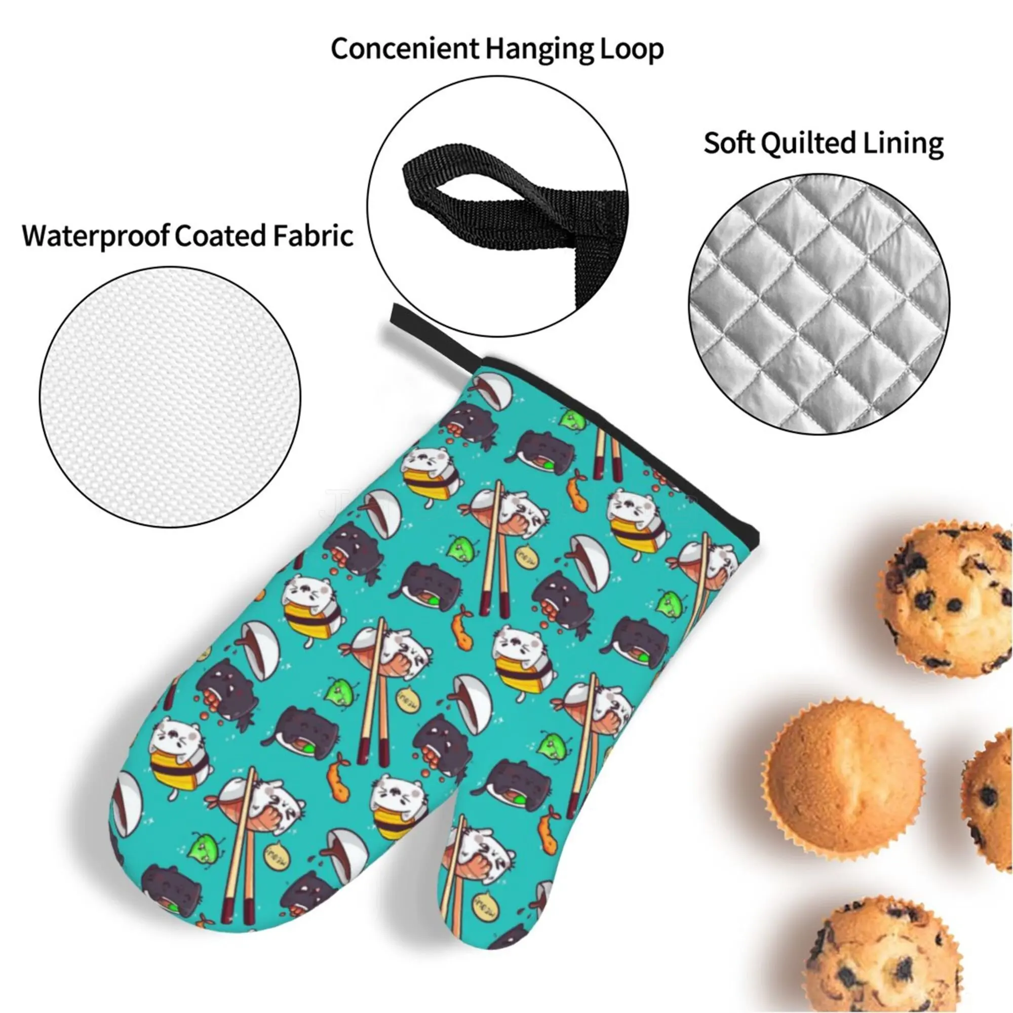 Japanese Anime Food Sushi Cat Oven Mitts and Pot Holders Sets Heat Resistant Non Slip Kitchen Oven Gloves for Cooking BBQ Baking