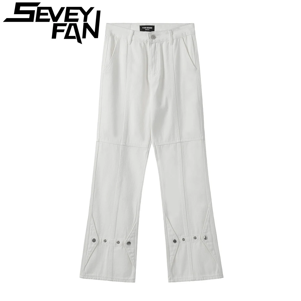

Men's Denim Pants Pure Color Patchwork Vibe Loose Jean Trousers Fashion Punk Style Outwear Bell-bottoms Vintage Tops