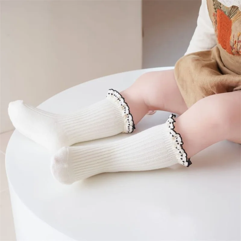 Cute Toddler Lace Trimmed Socks Non-Skid Knee High Socks Soft for Winter Spring Summer Autumn