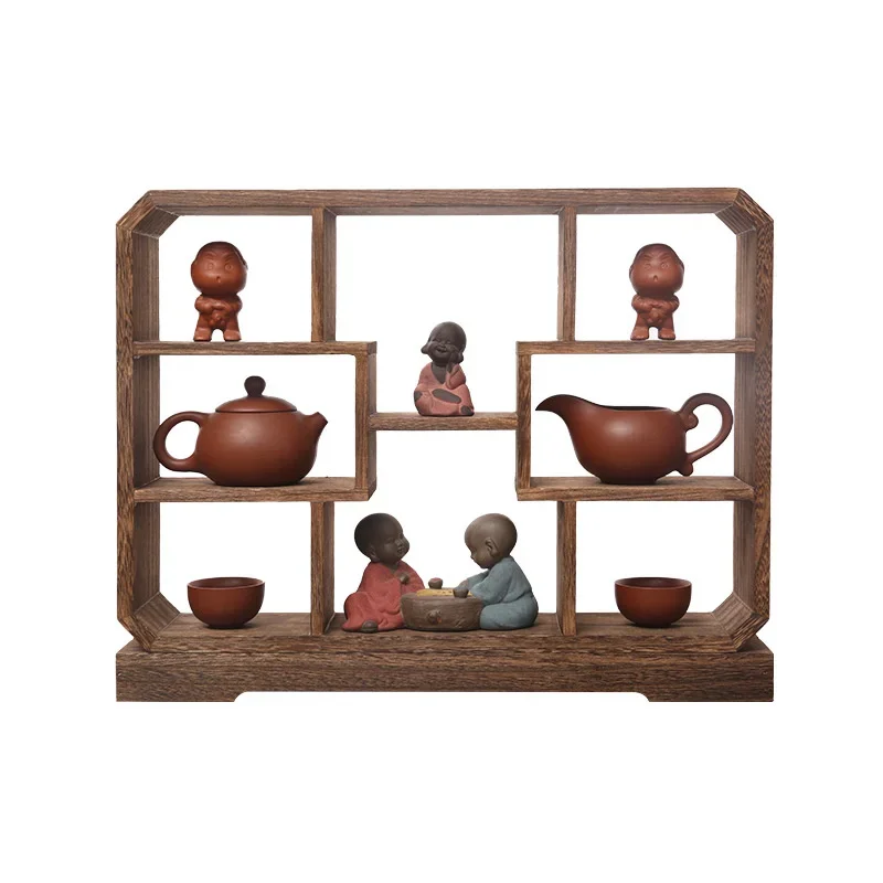 Compact Solid Wood Tea Set Organizer Mini Blog Rack Chinese Tabletop Display Spice Holder Kitchen Shelf 6