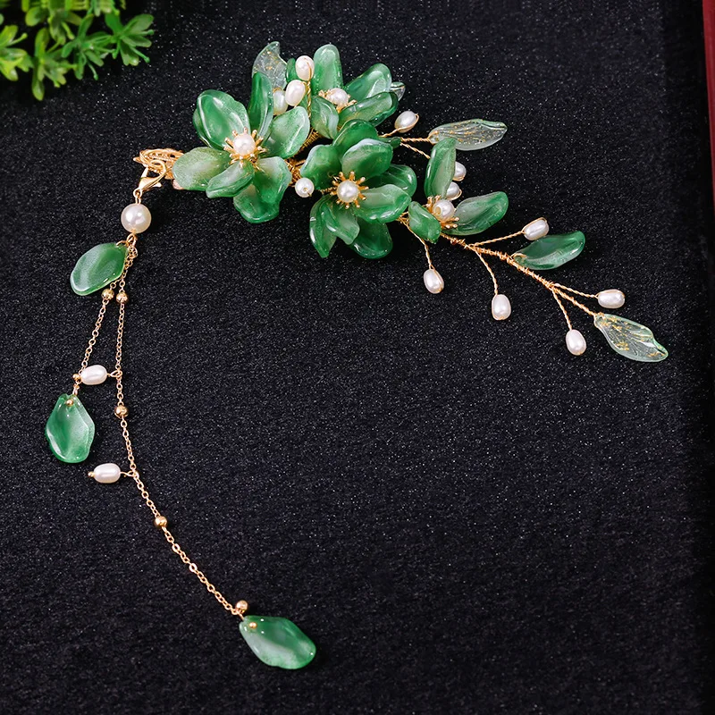 

Ancient Green Women's Step-shaking Tassels Fairy Hair Clips Ancient Pair Clips Glazed Women Hair Wear