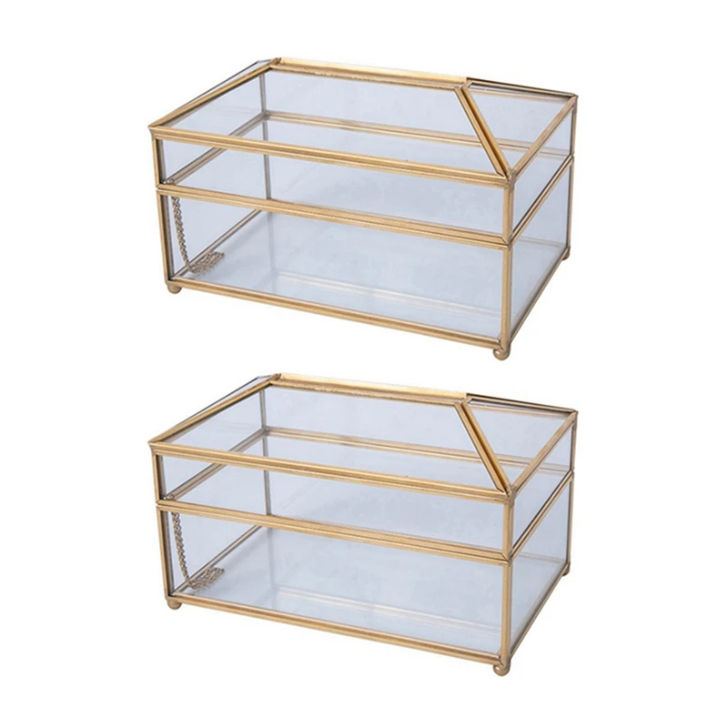 

2X Practical Gold Glass Mirror Tissue Box Exquisite Glass Makeup Tissue Storage Box Elegant Gift