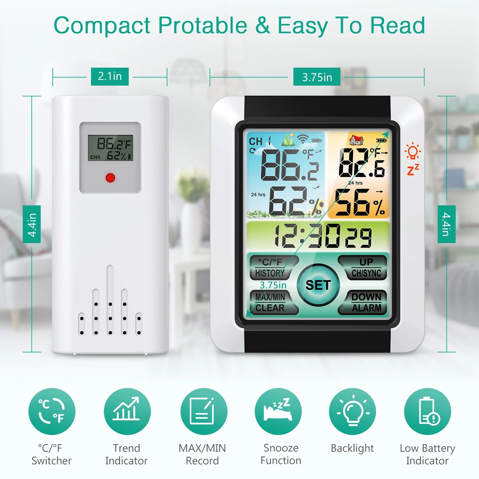 ORIA – thermomètre et hygromètre numérique sans fil, affichage LCD, capteur  de température, d'intérieur et d'extérieur, avec horloge
