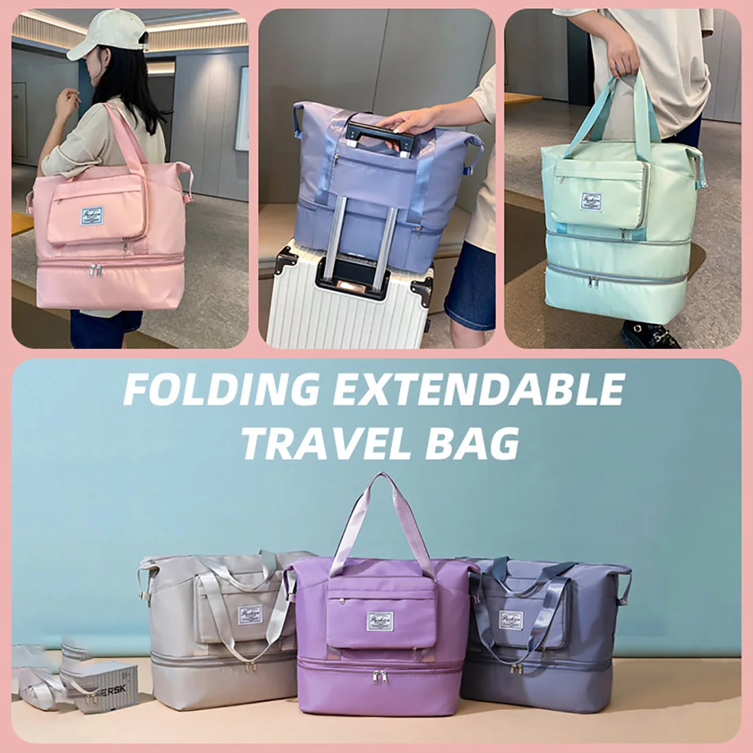 Large Capacity Sport Gym Women Men Waterproof Dry Wet Separation Folding Travel Expandable Duffel Duffle Bag Handbag Shoe Pocket