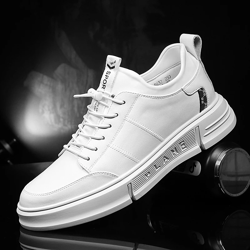 FashionMenCasualSneakers2022LeatherMicrofiberWhiteBlackVulcanizedShoesLaceUpSports