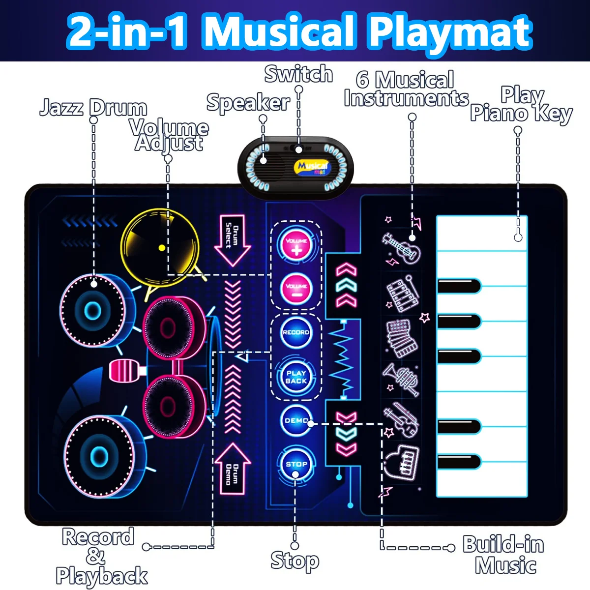 Piano Mat, Music Sensory Play Mat Piano Keyboard&Jazz Drum Music Piano Mat with 2 Sticks for Kids Instrument Education Gift - 6