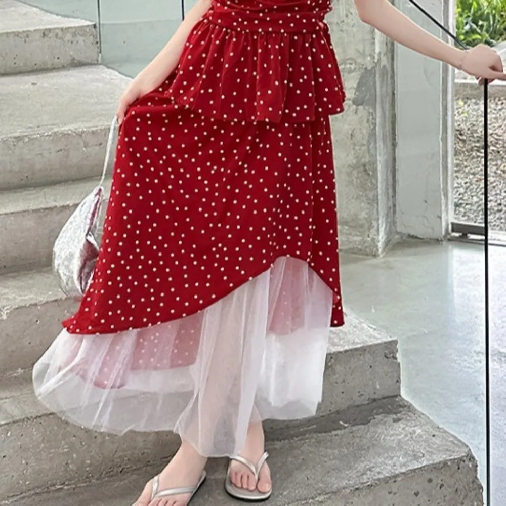 Red Polka Dot Kids Ruffles Dot Dress Camisole Top Ruffled Sleeveless Girls Suspenders Skirt Casual Loose Children Red Dress