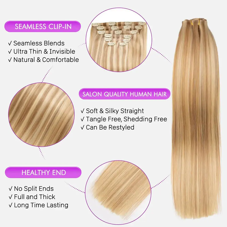 Celie Blonde Highlight P16/613 Clip In Hair Extensions Straight Real Human Hair Seamless Blend 7pcs/pack
