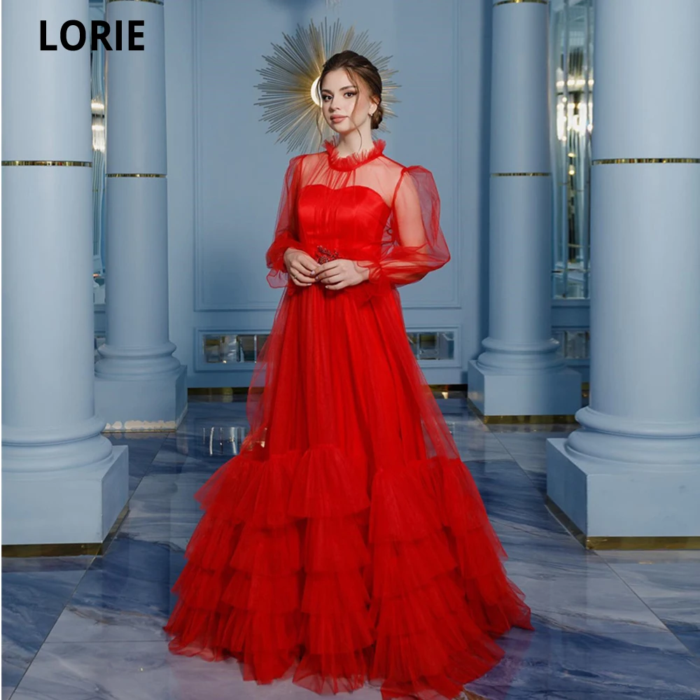 

LORIE Elegant A-line Red Prom Dresses Long Sleeves Evening Gowns Skirt Tiered Party Gowns Formal Event Dress Robes De Soirée