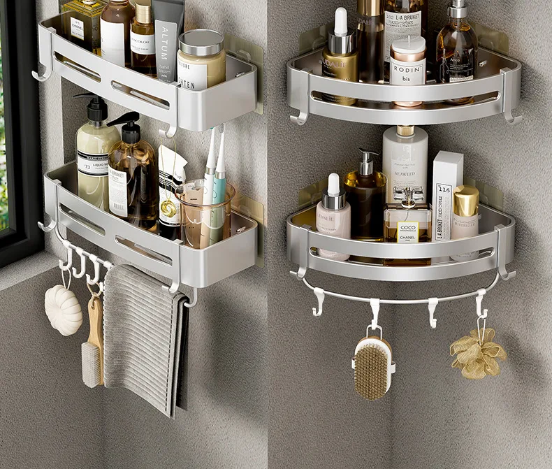 Aluminum Corner Shower Rack - Wall Mounted Bathroom Storage Organizer