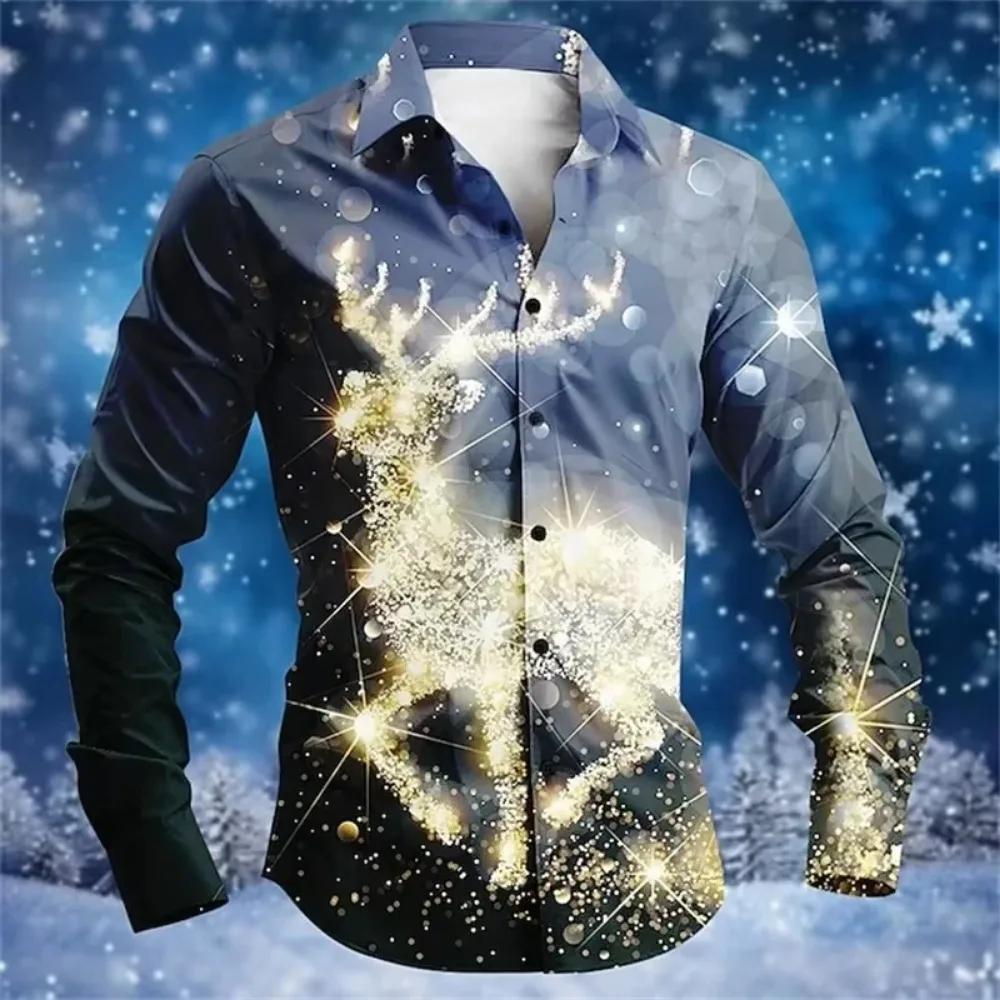 3D Printed Christmas Snowflakes Casual Fashion Comfortable Button Down Shirt Men's Long Sleeve Party Shirt Top Men's Santa Claus