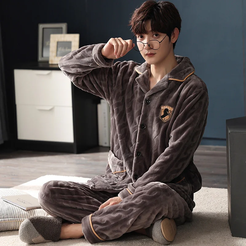 Men's Pajamas Autumn And Winter Flannel Long Sleeved Trousers  Casual Simple Cardigan Coral Velvet Home Suit
