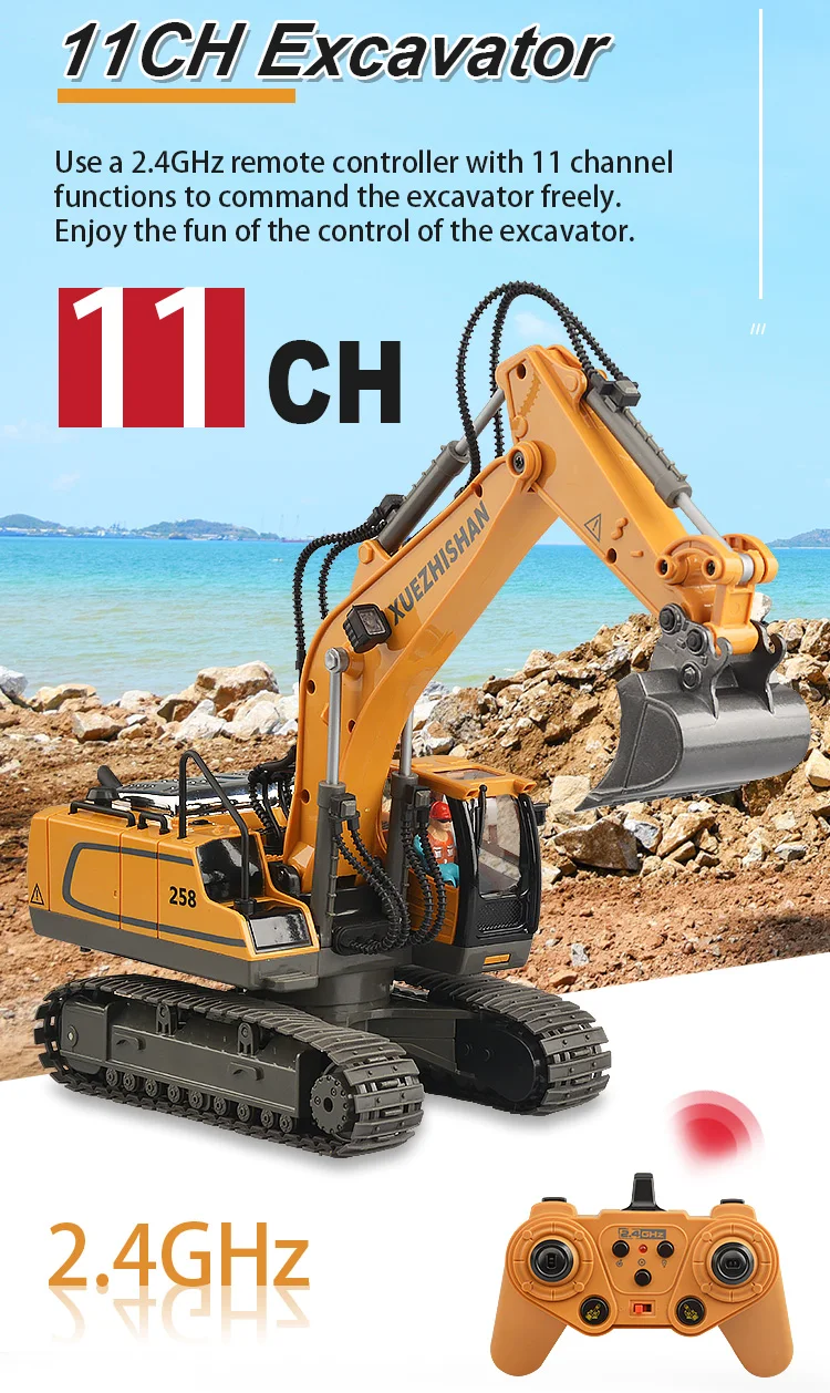 2.4Ghz 11 Channel 1:20 Rc Excavator Toy Engineering Car Alloy and Plastic Remote Control Digger Truck For children's Gift