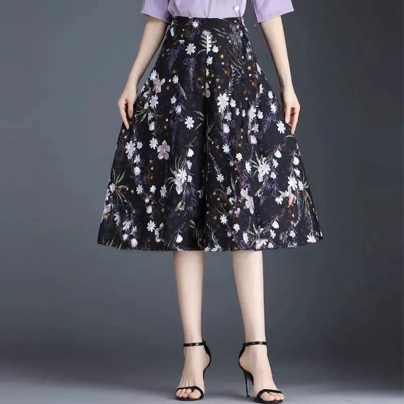 Summer Women's Thin Casual Skirt Pants Loose High Waist Floral Fragmented Wide Leg Cropped Pantskirt