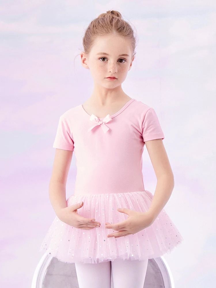 

Детский хлопковый балетный танцевальный костюм, купальник с коротким рукавом, лиф с тюлевой юбкой, балетная пачка для детей, одежда для выступлений, C22076