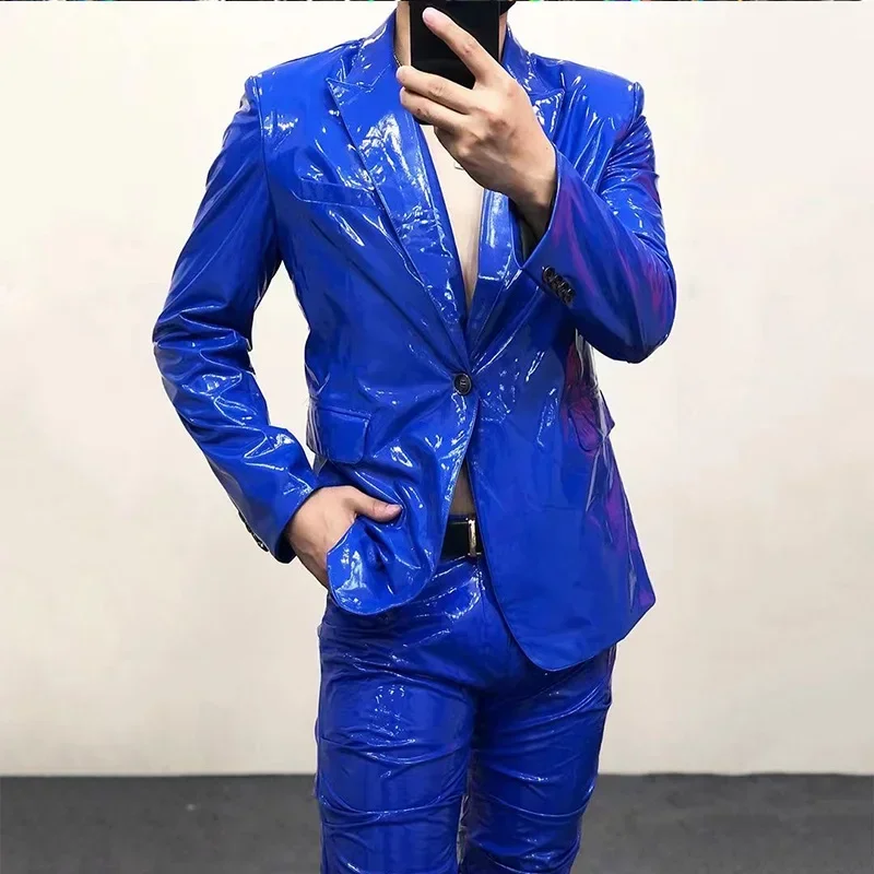 Shiny Faux Leather Men Elastic PVC Suits Jacket Male Chic Sexy
