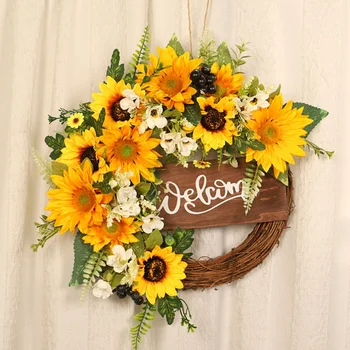 Spring Artificial Sunflower Wreath For Front Door Yellow Decorative Summer Floral Door Wreath Welcome Sign Wall Home Decoration 4