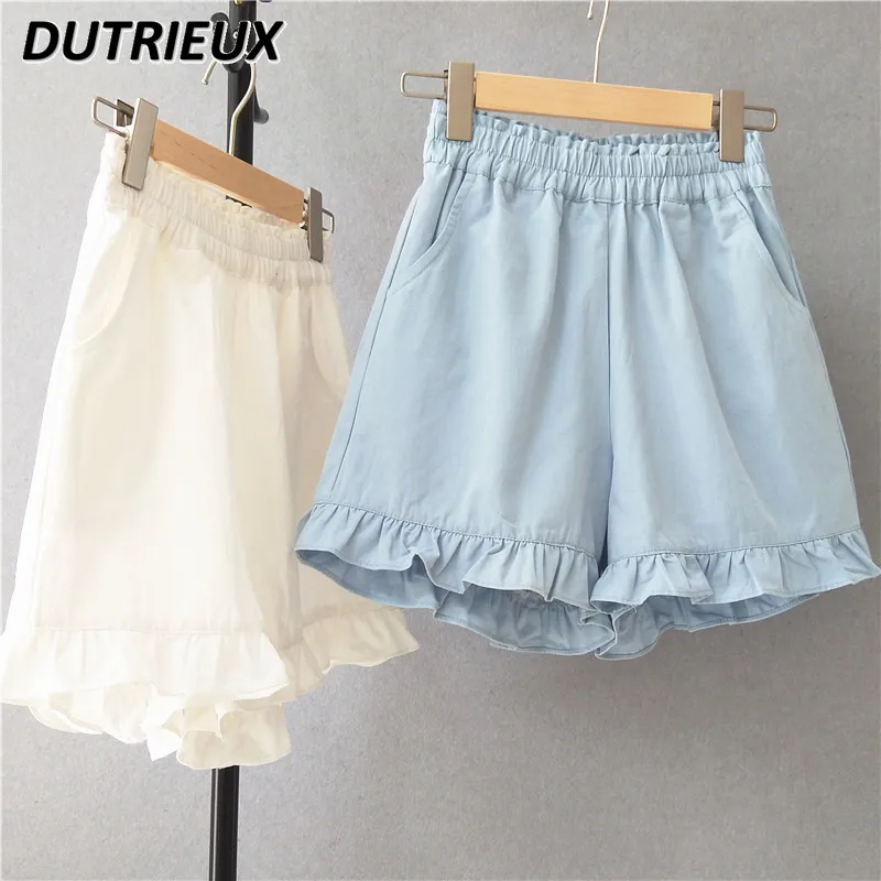 

2024 Summer New Cotton Linen Shorts Women Elastic Waist Ruffled Lolita Shorts Loose Slimming Sports Casual Pants for Students